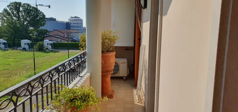 Balcony with railing and plants, overlooking greenery